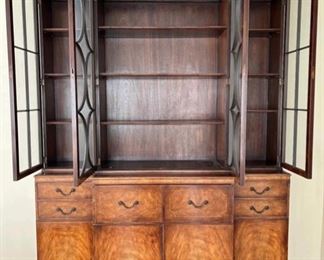 Vintage 1940s Baker Flame Mahogany China Cabinet / Breakfront / Secretary with Leather Drop Down Bar / Desktop. Measures 6' 8" W x 18" D x 7' 7" H. Photo 3 of 3.