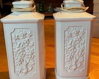 Pair of white Asian-motif lamps. Each measures 14" H.