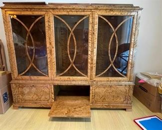 Swedish Art Deco Book Case with Interior Lighting and 3-Drawers. Karelian Birch and Mahogany. Measures Approximately 5' W x 48" H. Photo 3 of 3.