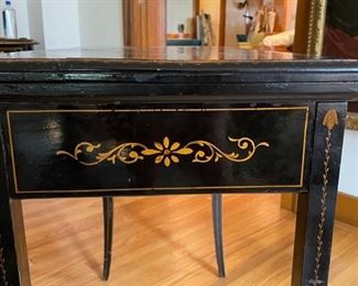 Antique 19th Century Ebony Chinoiserie Flip-Top Game Table with Copper "Coasters." Measures 34" W x 17" D x 32" H. Game Table is 34" x 34." Photo 2 of 6.
