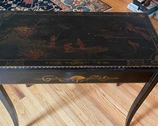 Antique 19th Century Ebony Chinoiserie Flip-Top Game Table with Copper "Coasters." Measures 34" W x 17" D x 32" H. Game Table is 34" x 34." Photo 1 of 6.
