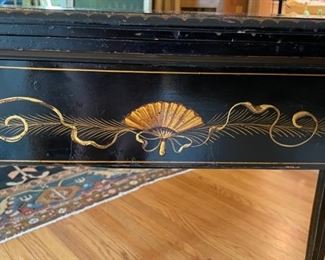 Antique 19th Century Ebony Chinoiserie Flip-Top Game Table with Copper "Coasters." Measures 34" W x 17" D x 32" H. Game Table is 34" x 34." Photo 3 of 6.