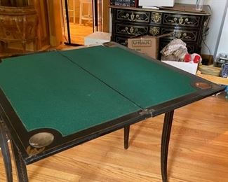 Antique 19th Century Ebony Chinoiserie Flip-Top Game Table with Copper "Coasters." Measures 34" W x 17" D x 32" H. Game Table is 34" x 34." Photo 4 of 6.