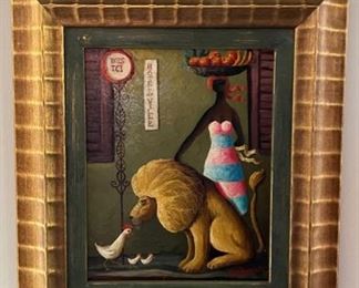 Orville Bulman (American, 1904 -1978). C'est Sou Jour de Sortie. Signed "Bulman" on front. Oil on masonite. Signed and dated Orville Bulman 1965 on back. Measures 7.5” x 9.25”