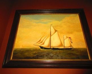 Antique 19th century folk art naval oil on canvas