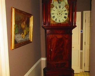 Monumental English grandfather clock, the case in burled mahogany, has a turning dial with original hand painted detail; Josh Todd of Banks, North Meols, Lancashire England, circa 1840