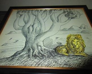 Expressionist style print of a drawing with resting lion