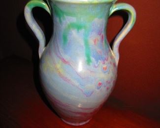 Glazed studio pottery handled vase