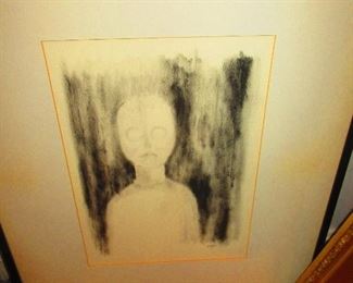 Charcoal portrait of a ghostly figure by S. Dale, 1965