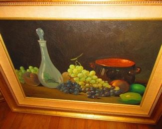 Still life with grape clusters, oil on canvas, signed Bertoli