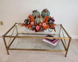 Glass top rectangular Coffee Table & Mackenzie Childs Autumn Table topper decor
