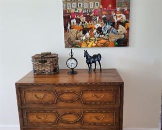 Ethan Allen Chest of Drawers 
Iron horse figurine 
Pier One Clock 