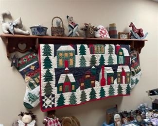 . . . Christmas quilt and shelf full of treasures