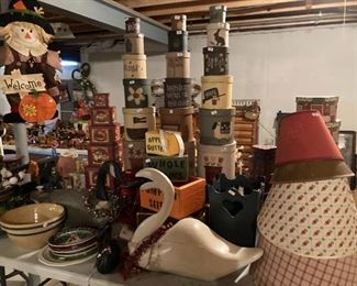 . . . great stacks of box sets, a yellow ware mixing bowls, lamp shades, and nice goose