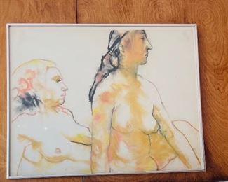 'Two Nudes" signed Sideo Boluti-pastels and mixed medium on paper, professionally framed.