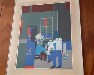 Listed artist " Romare Bearden" Collage and screen print. Limited Edition.  Titled " Carolina Blue"