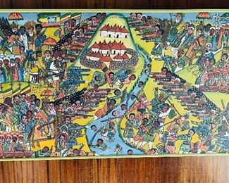 Vintage ( late 19th century-early 20Th Century) African comic book art- Oil on cotton fabric-framed