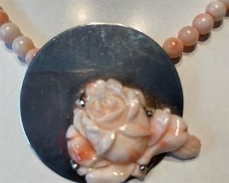 Vintage Sterling silver with angel skin coral natural beads necklace and carved angel skin floral ornament