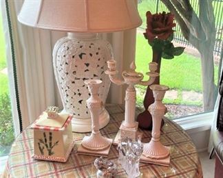 One of two matching white lamps