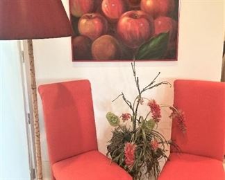 Parson chairs; floor lamp; apple art