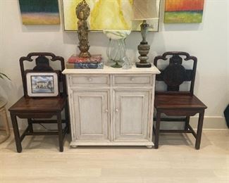 Off-white cabinet; Asian style chairs