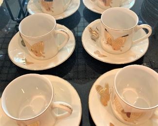 Coffee cups and saucers - "Butterflies" - hand decorated in gold - San Francisco
