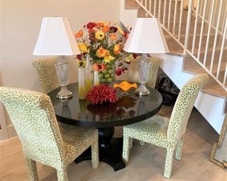 4 parson chairs; black table; colorful selections