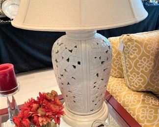 One of two matching white lamps