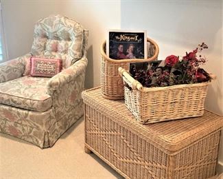 Bedroom chair; baskets and wicker chest
