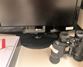 LG monitor; binoculars