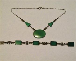 Vintage chrysoprase marcasite necklace & bracelet
