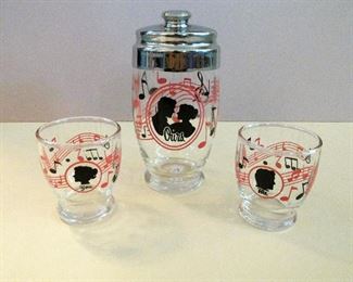 Vintage "yours, mine, ours" glass & shaker set