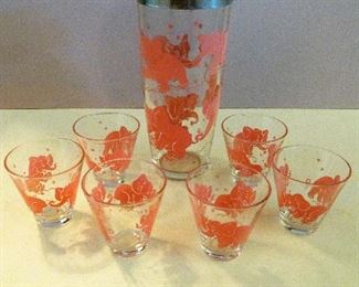 Hazel Atlas pink elephant glass & shaker set