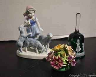 Gerold Porcelain Figurine Girl with Lambs Stafordshire Flower Figurine Mary Gregory Style Bell