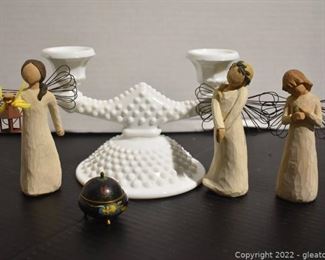 Willow Tree Angels Milk Glass Hobnail Candle Holder Mini Cloisonne Covered Salt Spice Pot