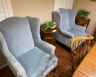 2 powder blue velvet MCM wing back chairs. Overall In good condition with some slight discoloration at end of arm rest. 