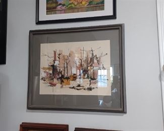 Misc framed art: watercolor, gouache and 2 oil paintings. Much more art in the Carriage House