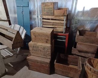 Vintage Crates from around our farm. 2 Winchester, 1 Dupont Explosive, 1 Remington, 1 from Yokohama (pre Vietnam era), misc. others.