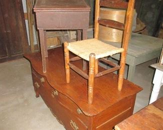 Oak Blanket chest, early child's desk with wallpaper lining and chair. Old ladders (2) in back are for sale, too.