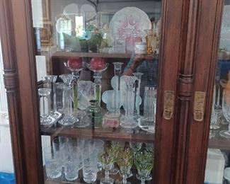 Crystal smalls, French bowls (2), oyster plates (4), cranberry glass (Czech), Swarovski Crystal birds, Silver onlay colored glass decanters,  more 