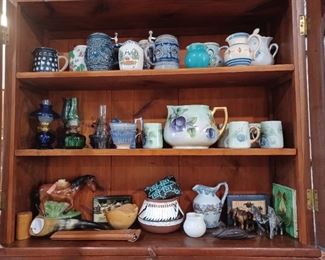 Misc smalls including German steins, mini lamps, hand painted juice set, horn given as a wedding present, bourbon bottle with no rider (but bourbon in tact!). 