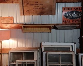 Army sign from crate, windows, shelf units. Make offer on RE signs. 