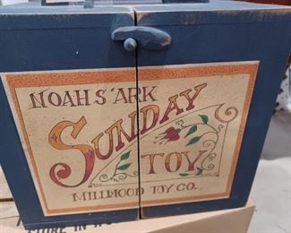 Ark box. This is a handmade in 2003 special toy for the special child. There are numerous pairs of carved animals, an ark, Noah, and accessories. 