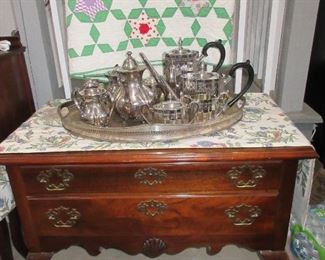 Tea sets (French style with fleur de Lis pattern, and Lunt Paul Revere style )and quilt for Raffle