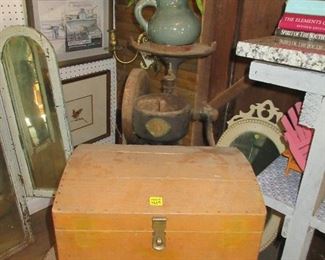 Old mini trunk and shabby chic 3 piece mirror in light blue to back left. Mirror is from the old Hicklin one room schoolhouse.