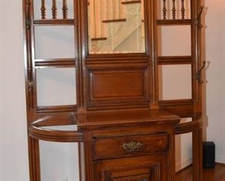Antique Art Nouveau Coat Rack with Beveled Mirror Cabinet Space Drawer