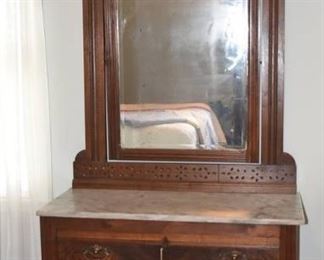 Antique Eastlake Marble Top Three Drawer Dresser with Mirror
