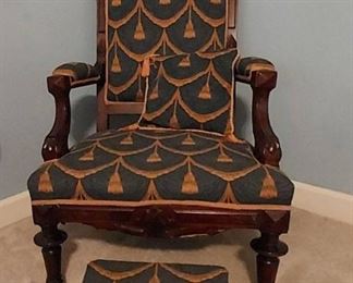 Antique Victorian Eastlake Style Accent Chair with Matching Footstool and Pillow