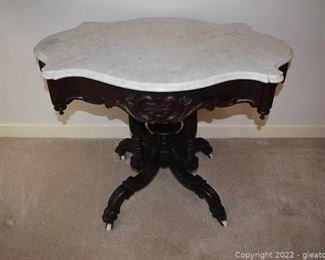 Antique Victorian Rococo Carved Marble Turtle Top Parlor Table