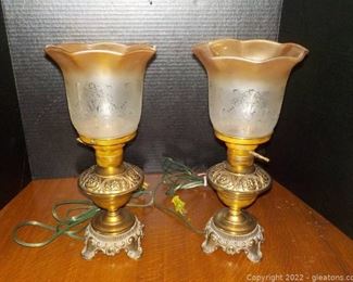 Beautiful Pair of Brass and Glass Vintage Hurricane Lamps